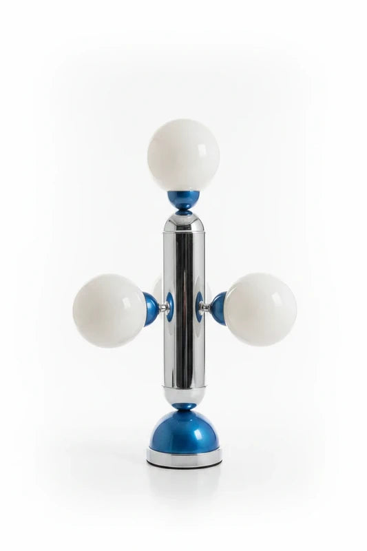 Sputnik lamp aan — blauw chroom opaline bollen