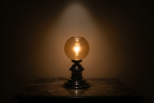 Sfeerfoto — amber globe op donker marmer, dramatisch licht