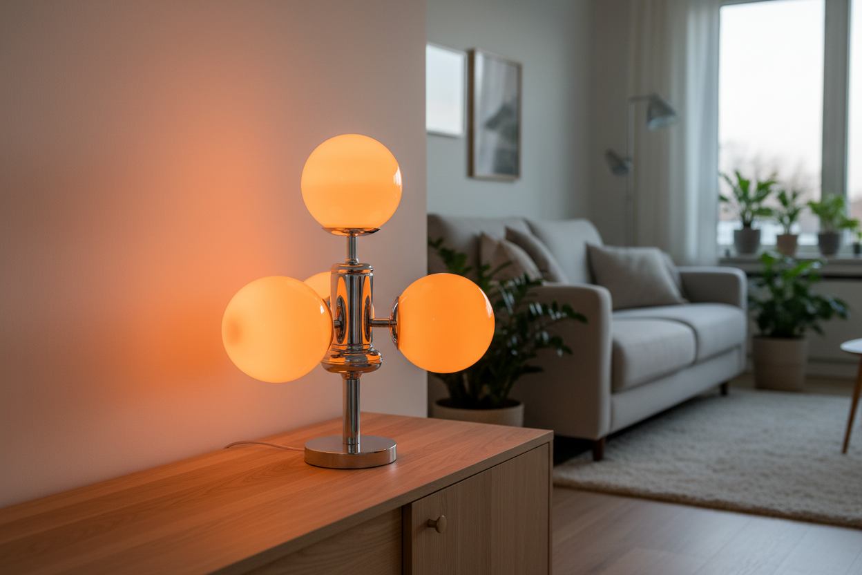 Lifestyle shot of four-globe Space Age lamp glowing in modern living room