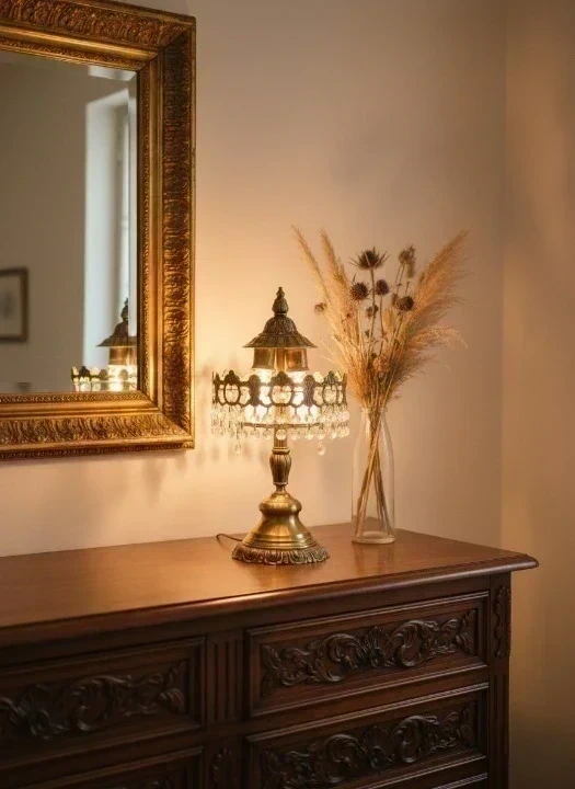 Vintage Table Lamp - Brass Base with Crystal Ornaments