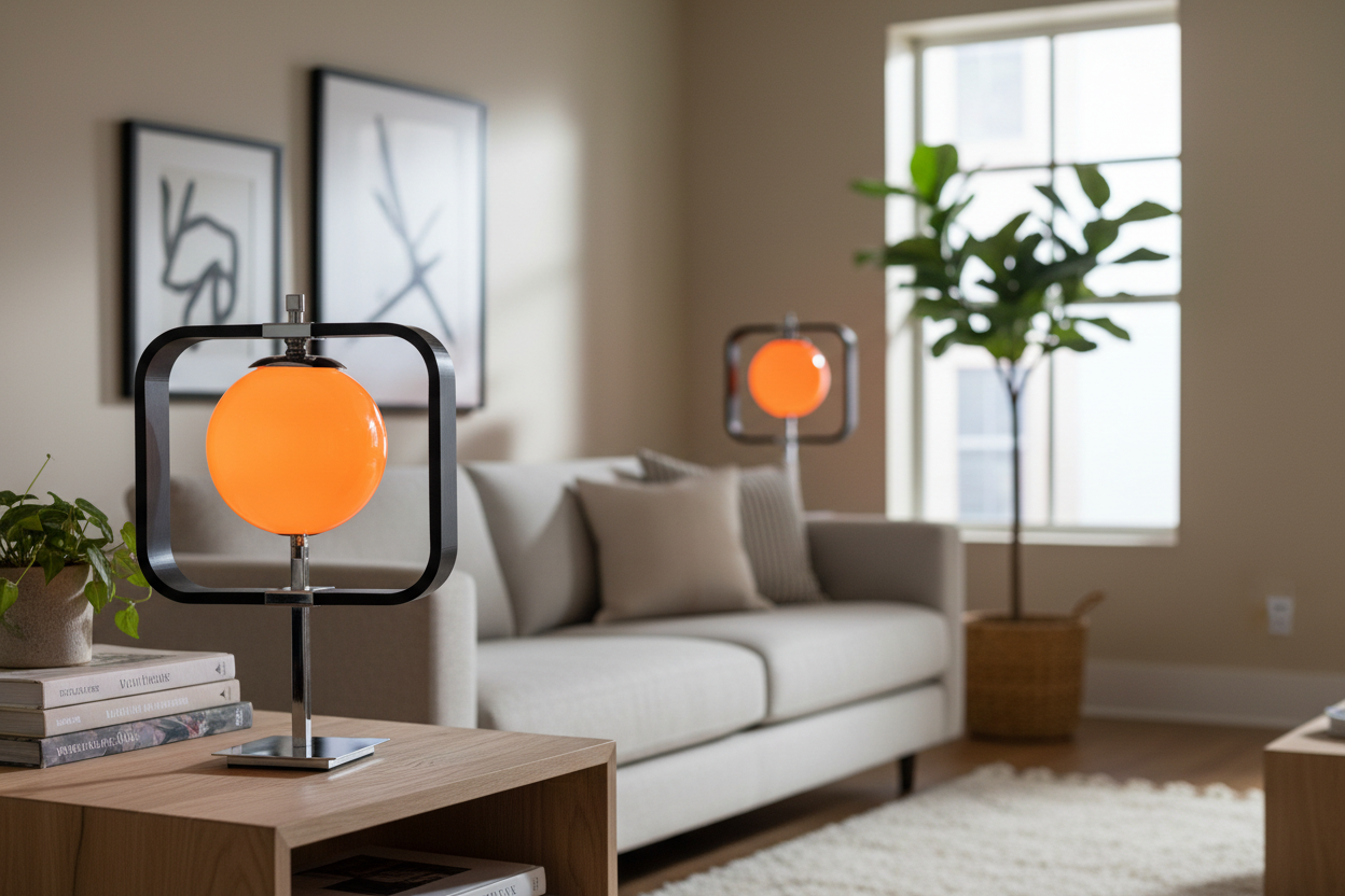 Lifestyle shot of sculptural Space Age lamp glowing in modern living room