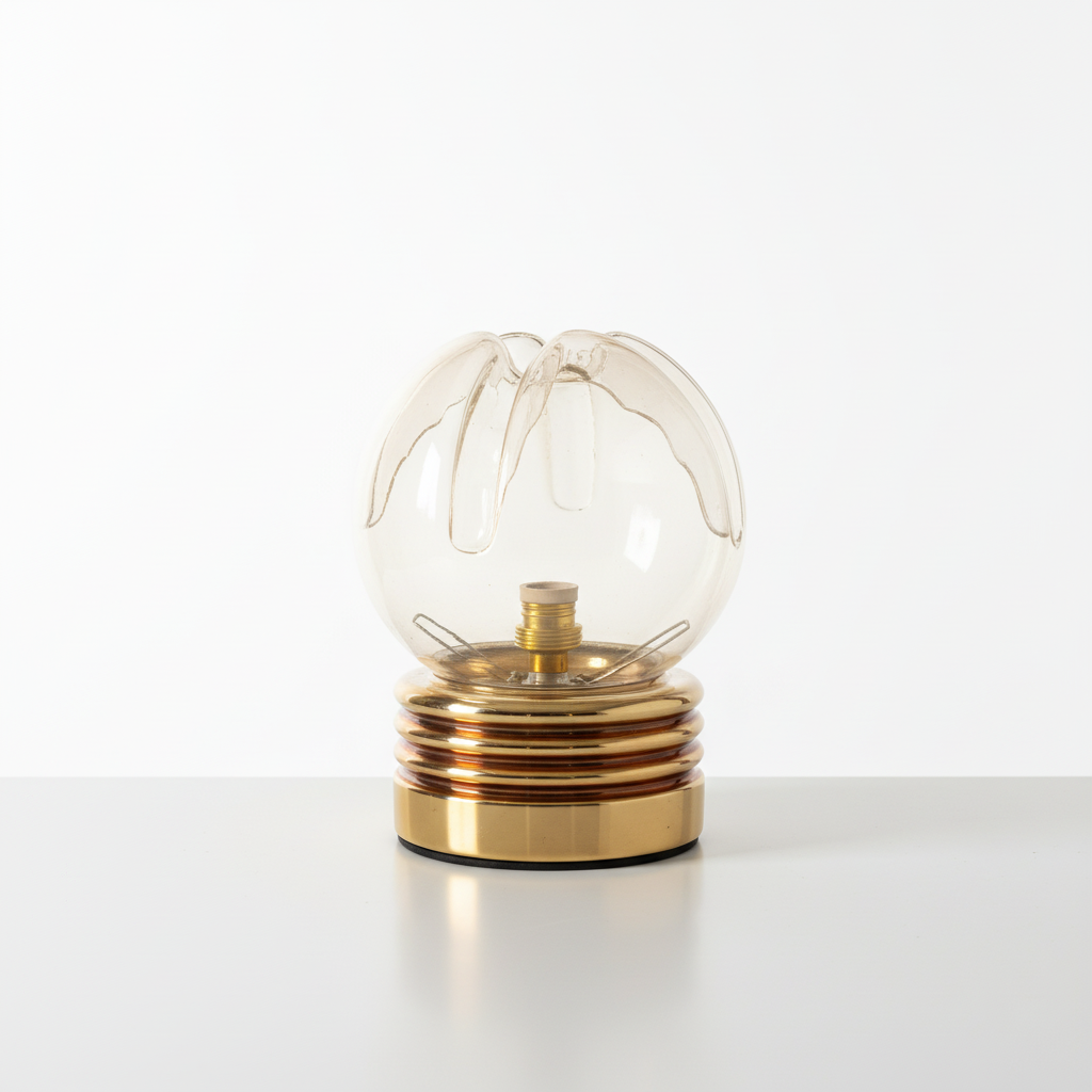 Hero shot of vintage Space Age glass sphere lamp with brass base