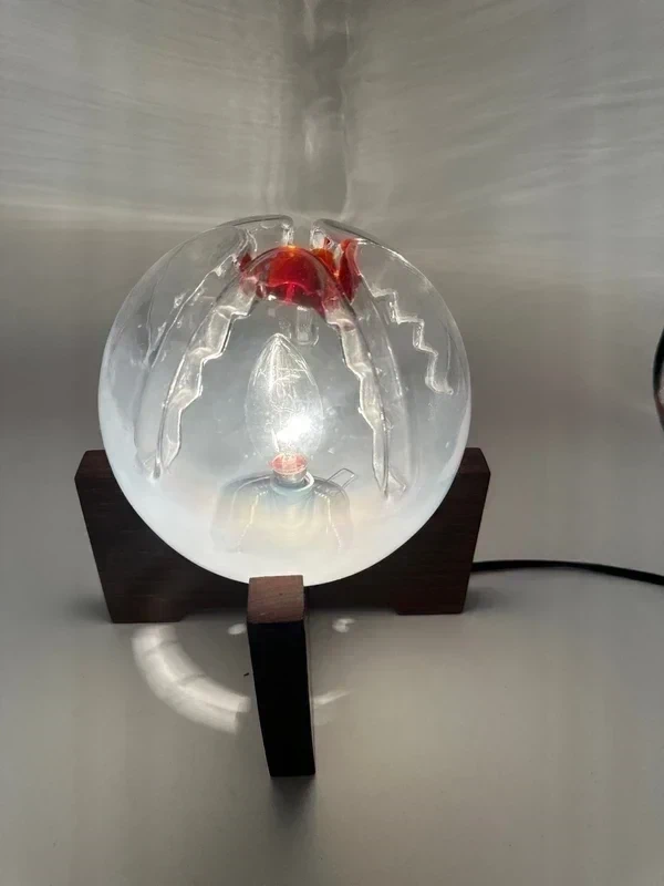 Mazzega Table Lamp - Glass Globe with Red Core on Wooden Base