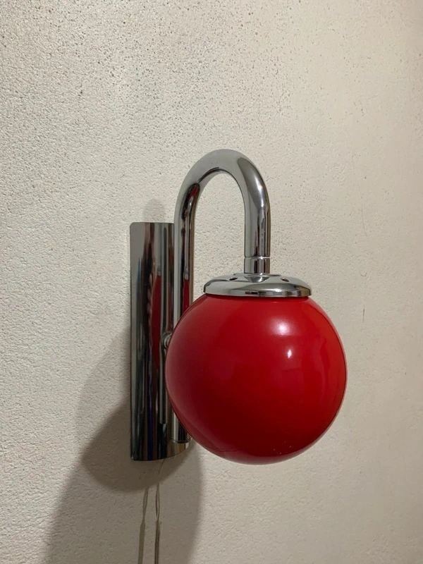 Space Age Wall Lamp - Chrome Base with Red Glass Globe