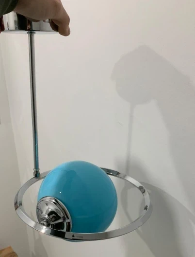 Space Age Pendant Lamp - Chrome Ring with Blue Glass Globe