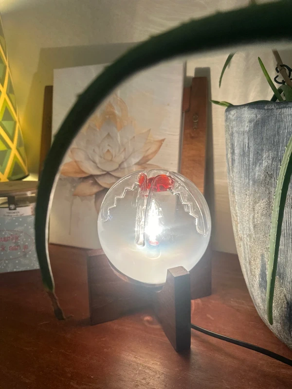 Mazzega Table Lamp - Glass Globe with Red Core on Wooden Base