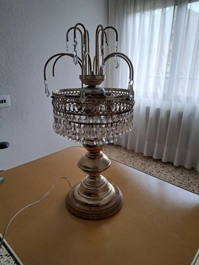 Vintage Table Lamp - Gold with Crystal Pendants and Marble Base