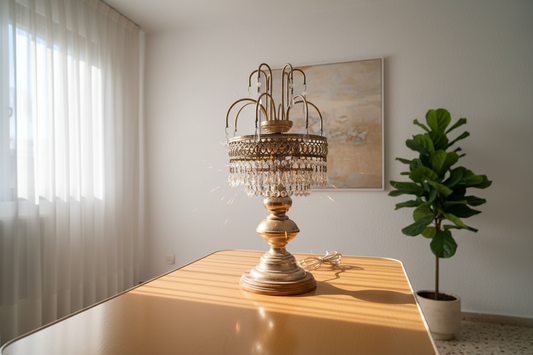 Vintage table lamp with gold finish and crystal pendants in elegant interior setting