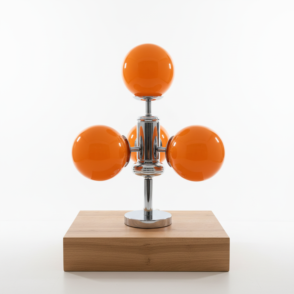 Hero shot of Space Age lamp with four orange glass globes on chrome arms