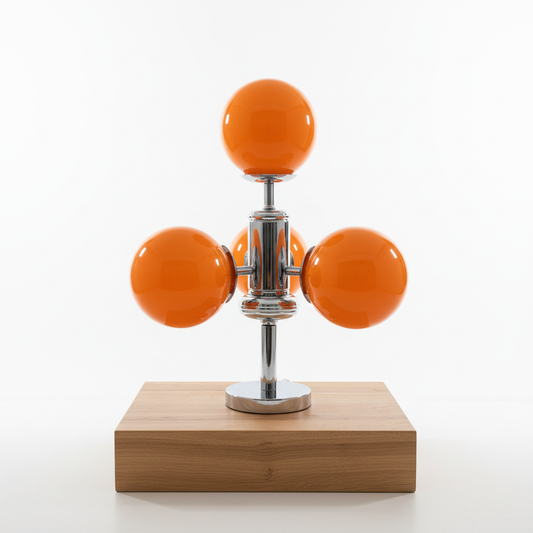 Hero shot of Space Age lamp with four orange glass globes on chrome arms