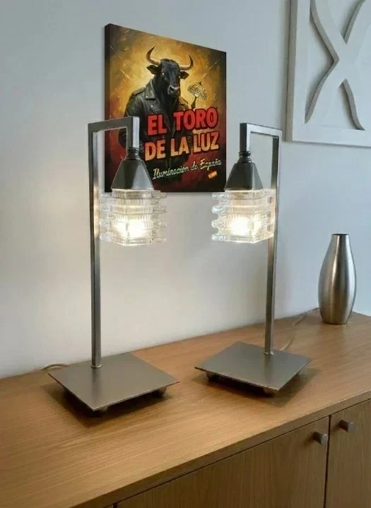 Modern Table Lamps Set of 2 - Ribbed Glass & Silver Frame