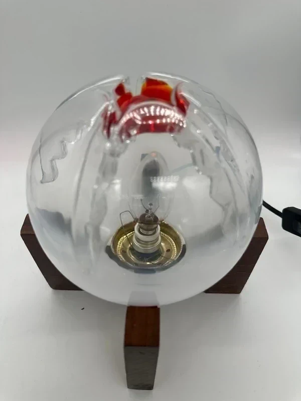 Mazzega Table Lamp - Glass Globe with Red Core on Wooden Base