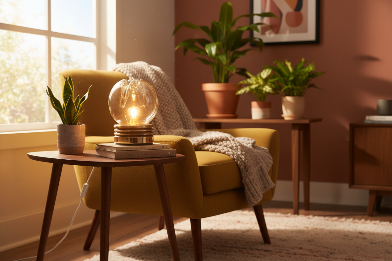 Lifestyle shot of Mazzega lamp in cozy living room setting