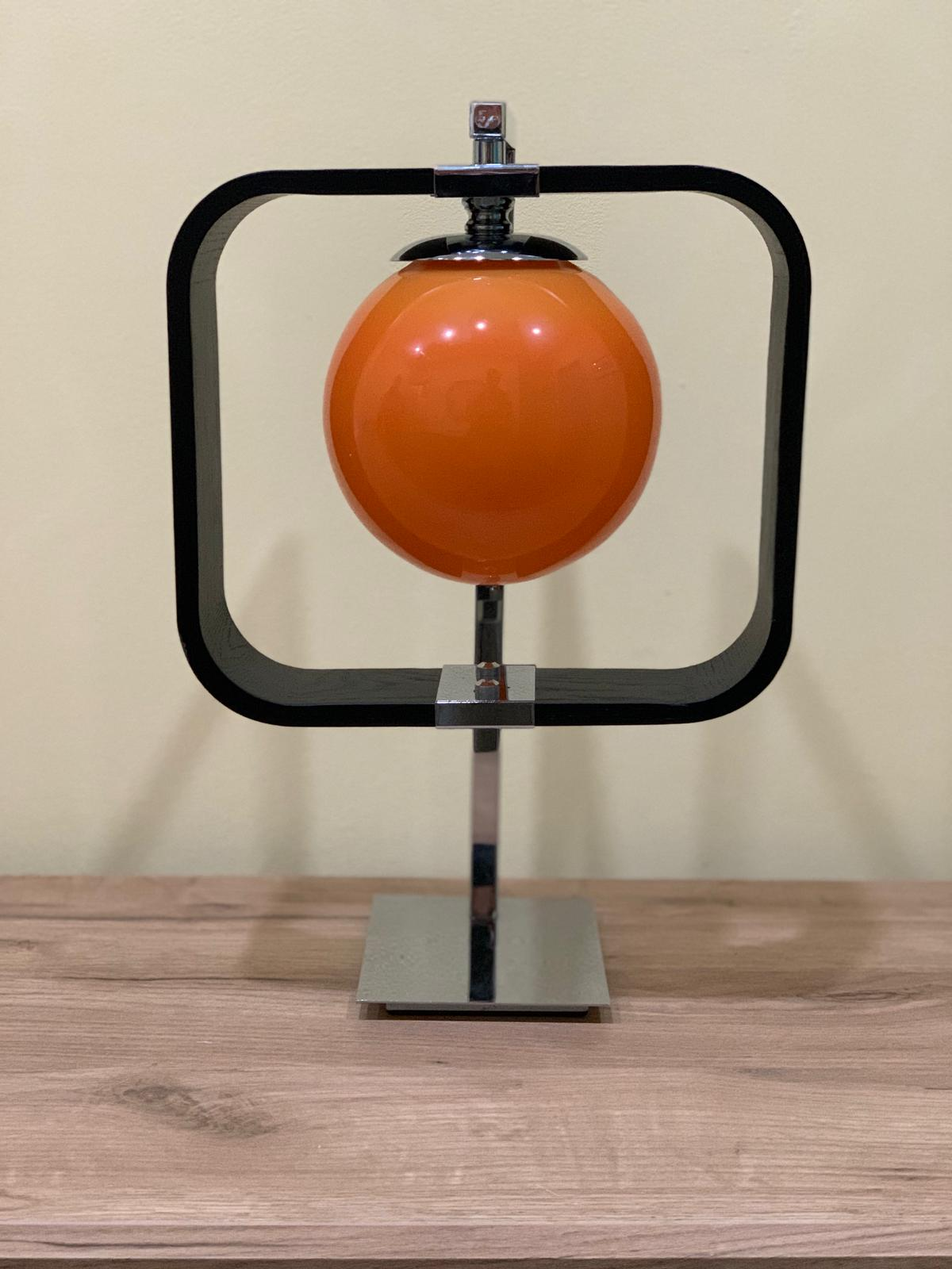 Custom-Made Space Age Table Lamp - Orange Glass Sphere in Black Square Frame