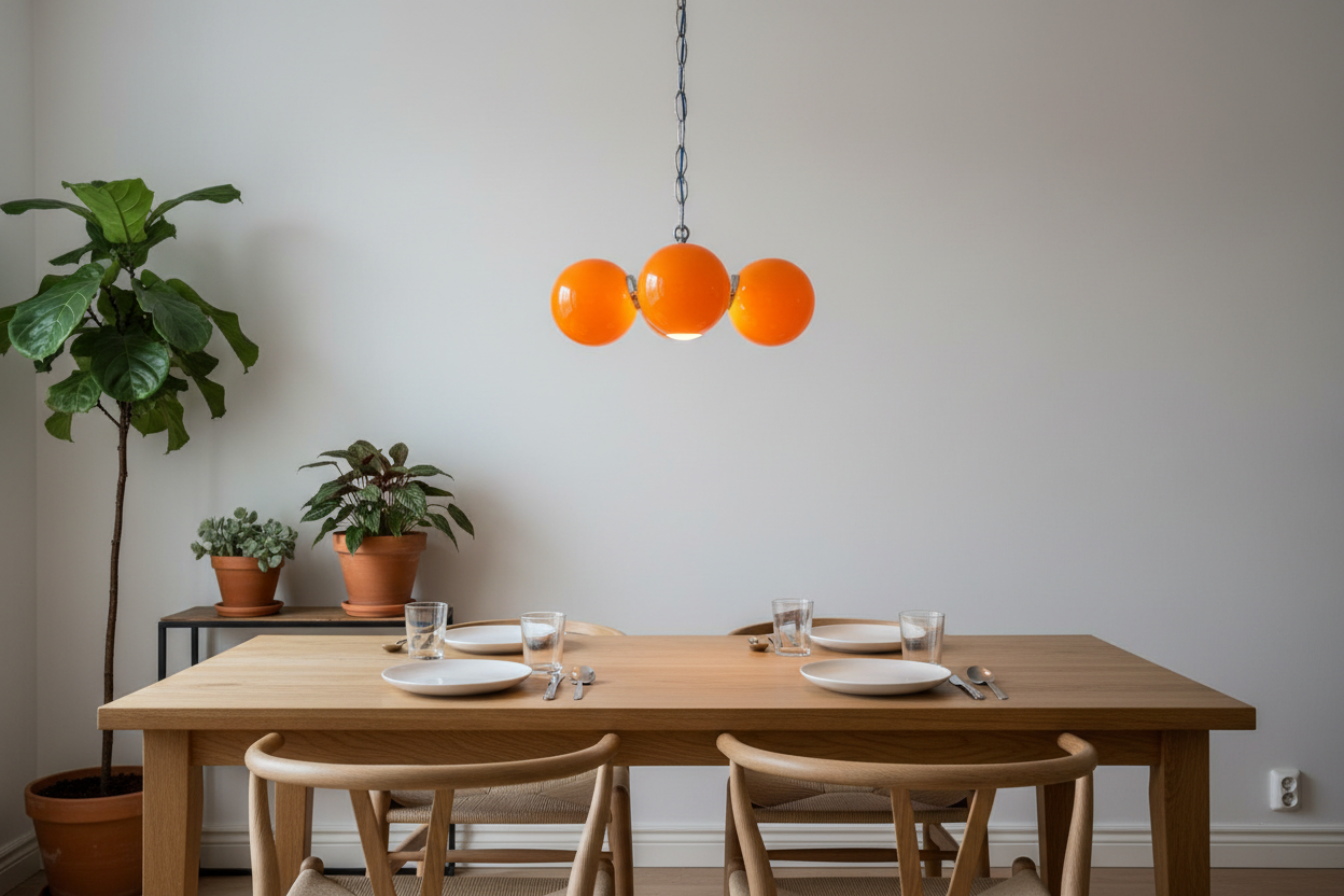 Lifestyle shot of three-globe Space Age lamp above dining table