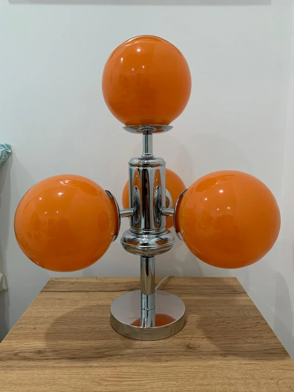 Custom Space Age Table Lamp - Four Orange Glass Globes with Chrome & Wood Base