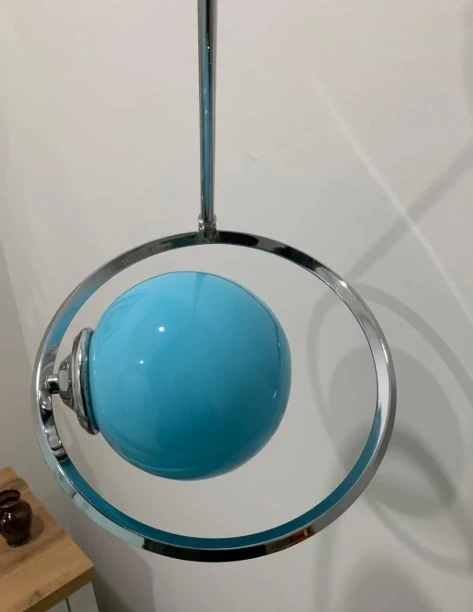 Space Age Pendant Lamp - Chrome Ring with Blue Glass Globe