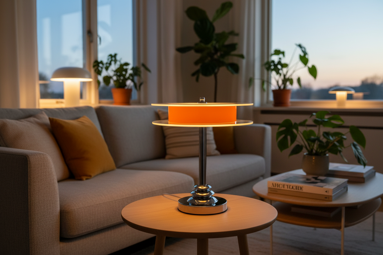 Lifestyle shot of custom Space Age lamp glowing in modern living room