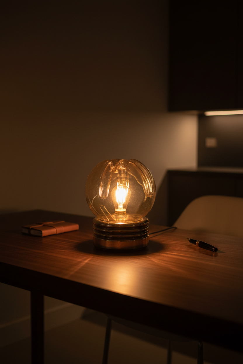 Evening scene with Mazzega Space Age lamp glowing on desk