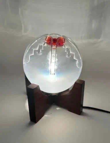 Mazzega Table Lamp - Glass Globe with Red Core on Wooden Base