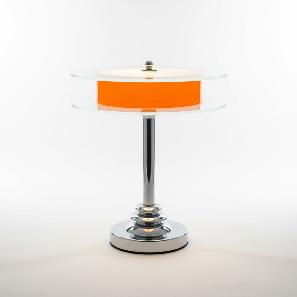 Hero shot of handcrafted Space Age lamp with orange glass and chrome base