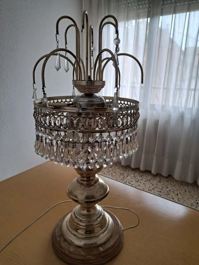 Vintage Table Lamp - Gold with Crystal Pendants and Marble Base
