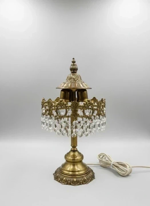 Vintage Table Lamp - Brass Base with Crystal Ornaments