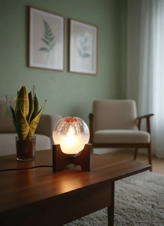 Mazzega Table Lamp - Glass Globe with Red Core on Wooden Base