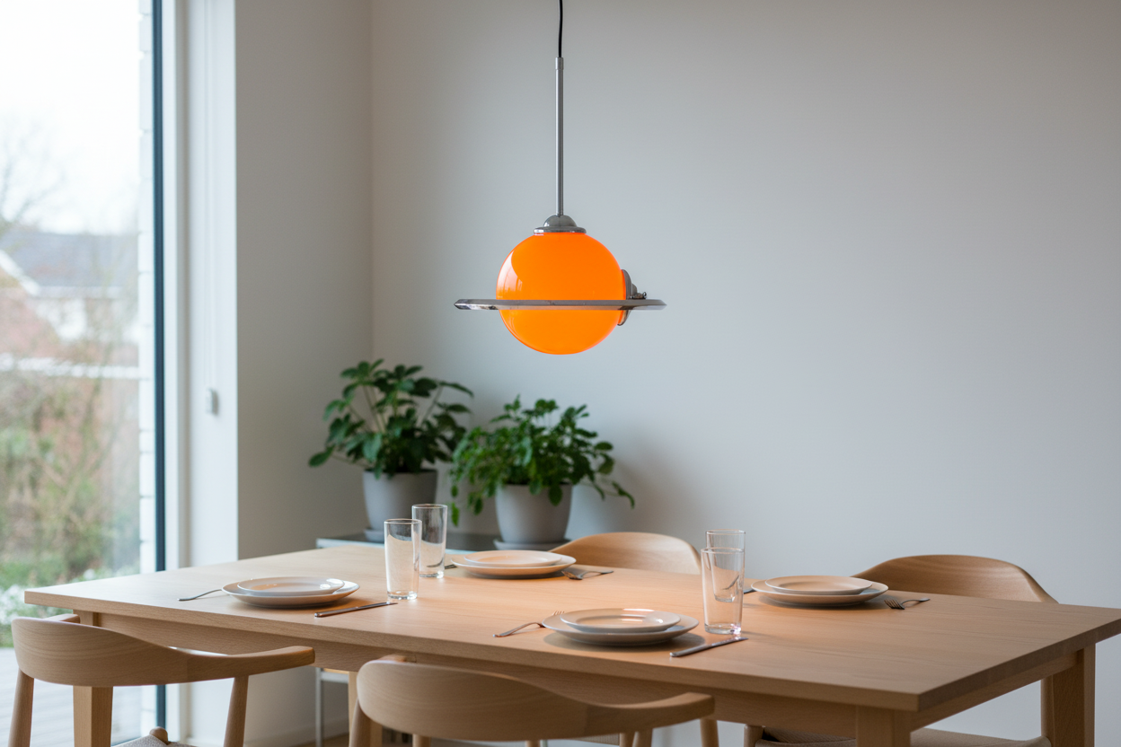 Lifestyle shot of Space Age lamp glowing above modern dining table
